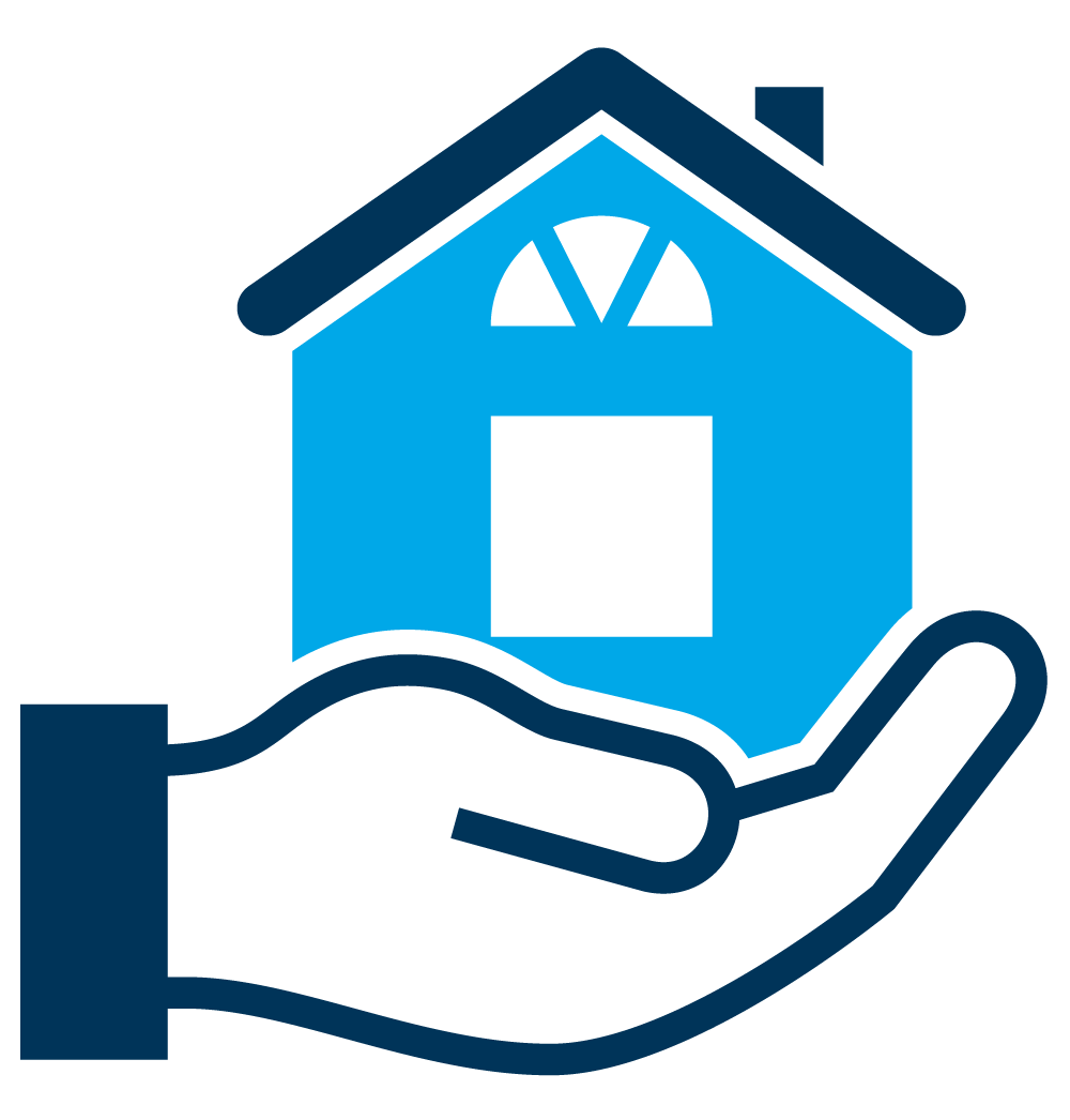 A hand is holding a blue house in its palm.