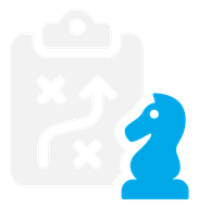 A blue chess piece is standing next to a clipboard with a strategy on it.
