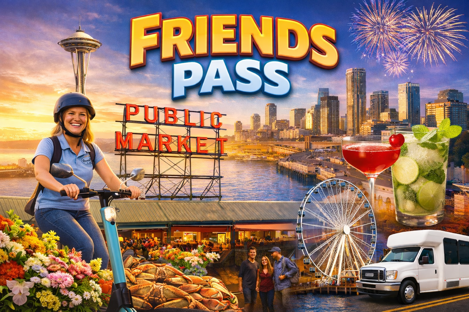 Seattle Friends Pass experience featuring Pike Place Market, waterfront e-scooter tour, Great Wheel, cocktails, and cruise-friendly transportation.