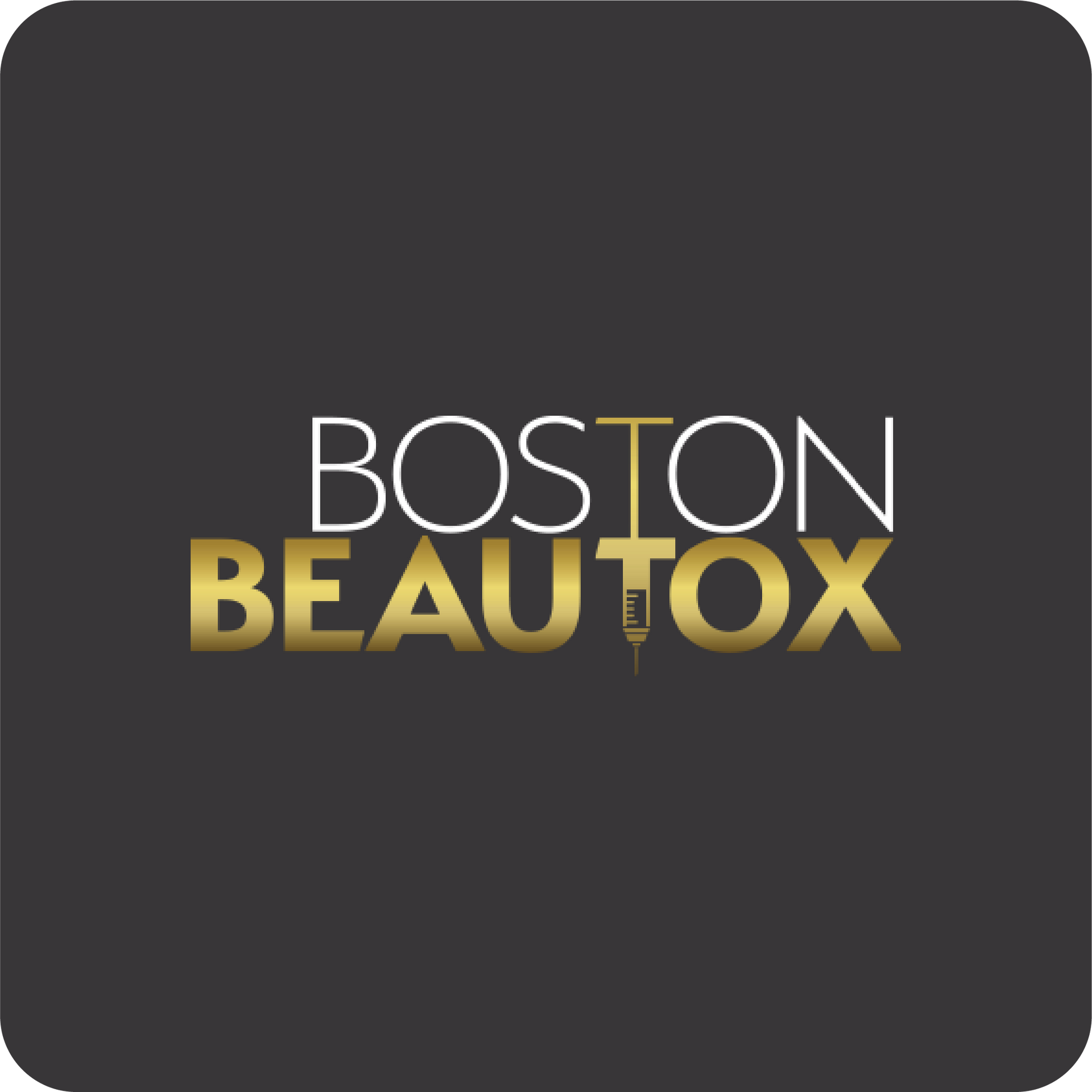 Logo of Boston Beautox in white and gold text on a dark gray background, with a syringe icon.