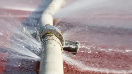 A white pipe with a valve, leaking water onto a red surface.