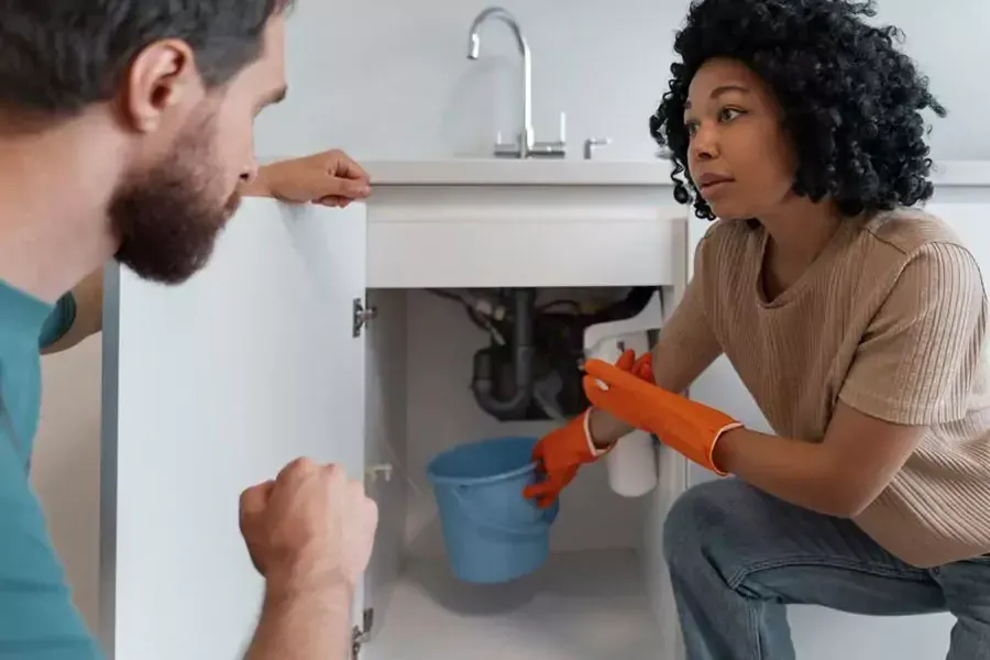 Woman and man looking at a sink's plumbing under cabinet. Woman holds a bucket and wears gloves, with worried expression.