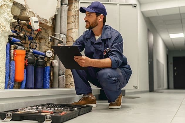 A person in blue overalls and cap crouches, inspecting pipes and a control panel in an utility room.