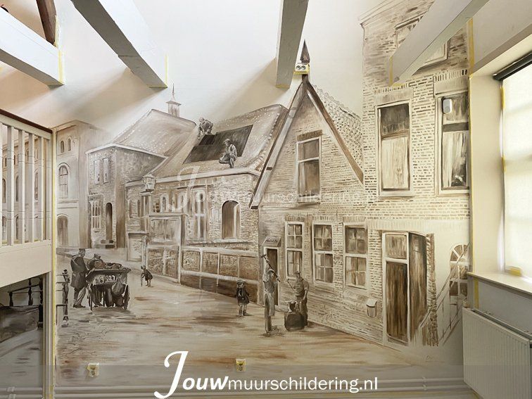 muurschildering bedrijfspand historisch stadsgezicht in stijl en kleur archief foto