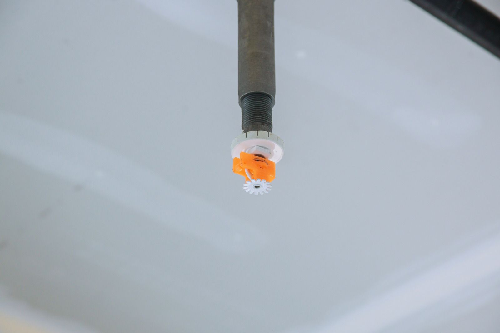 Green and red fire sprinkler system pipes mounted on a white wall.