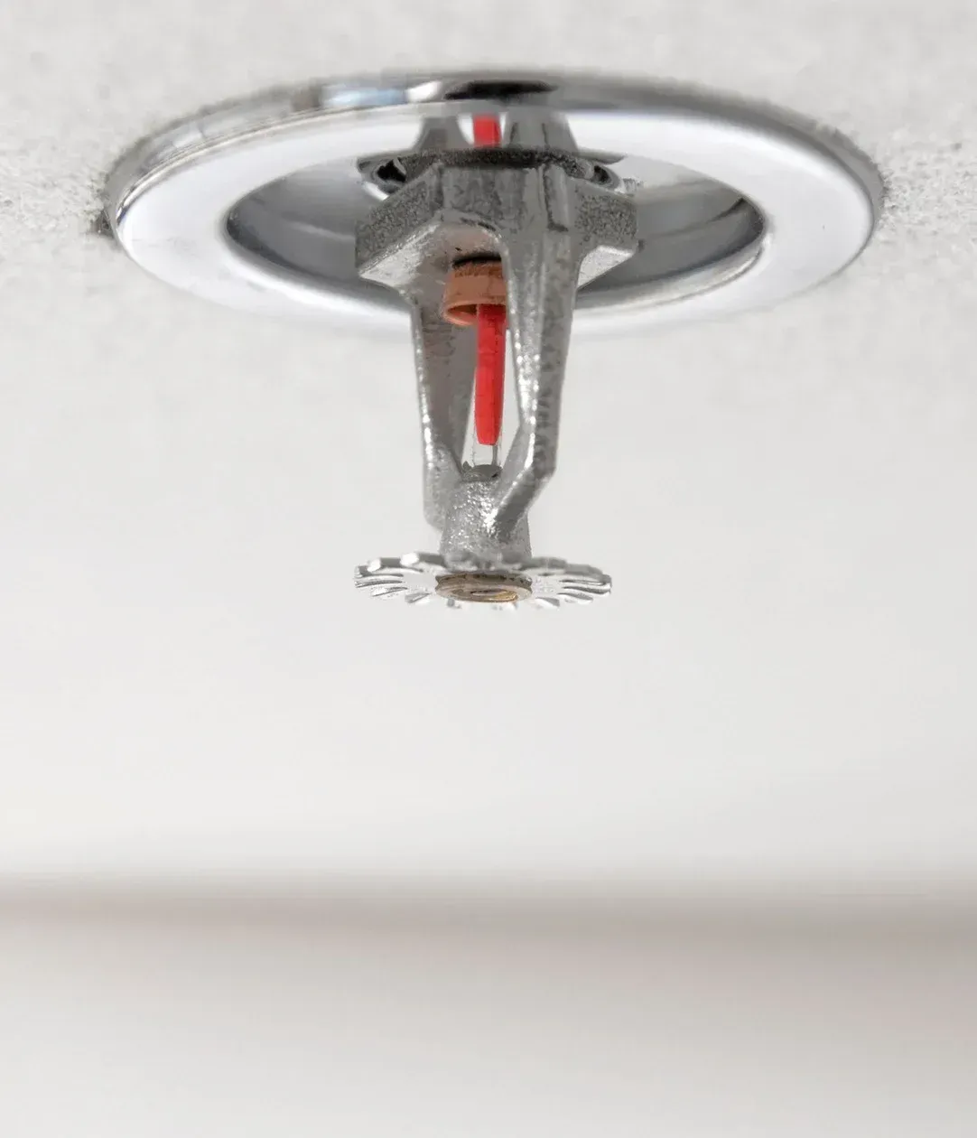 Red fire sprinkler system components on a black pipe, mounted on a brick wall.