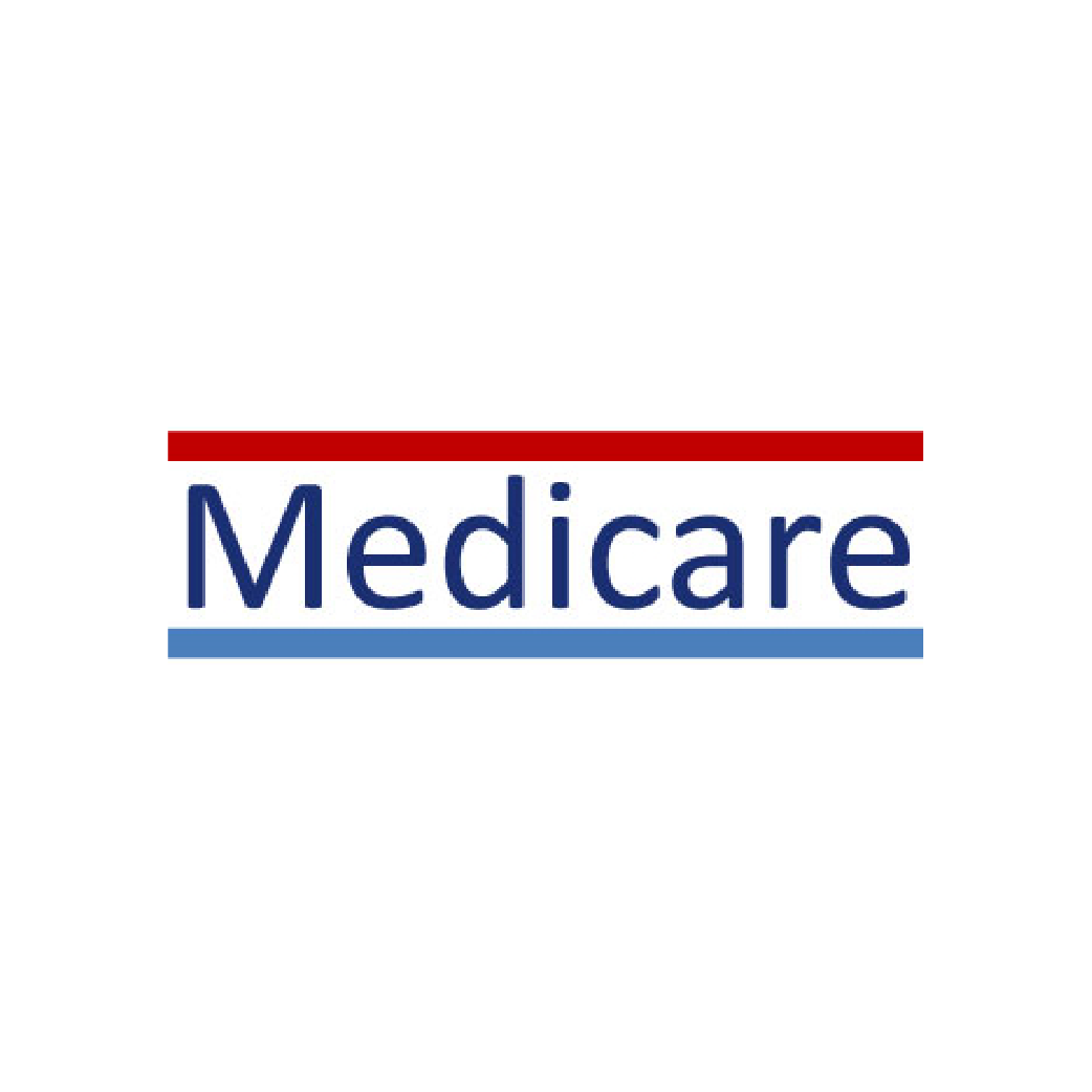 A red , white and blue medicare logo on a white background.