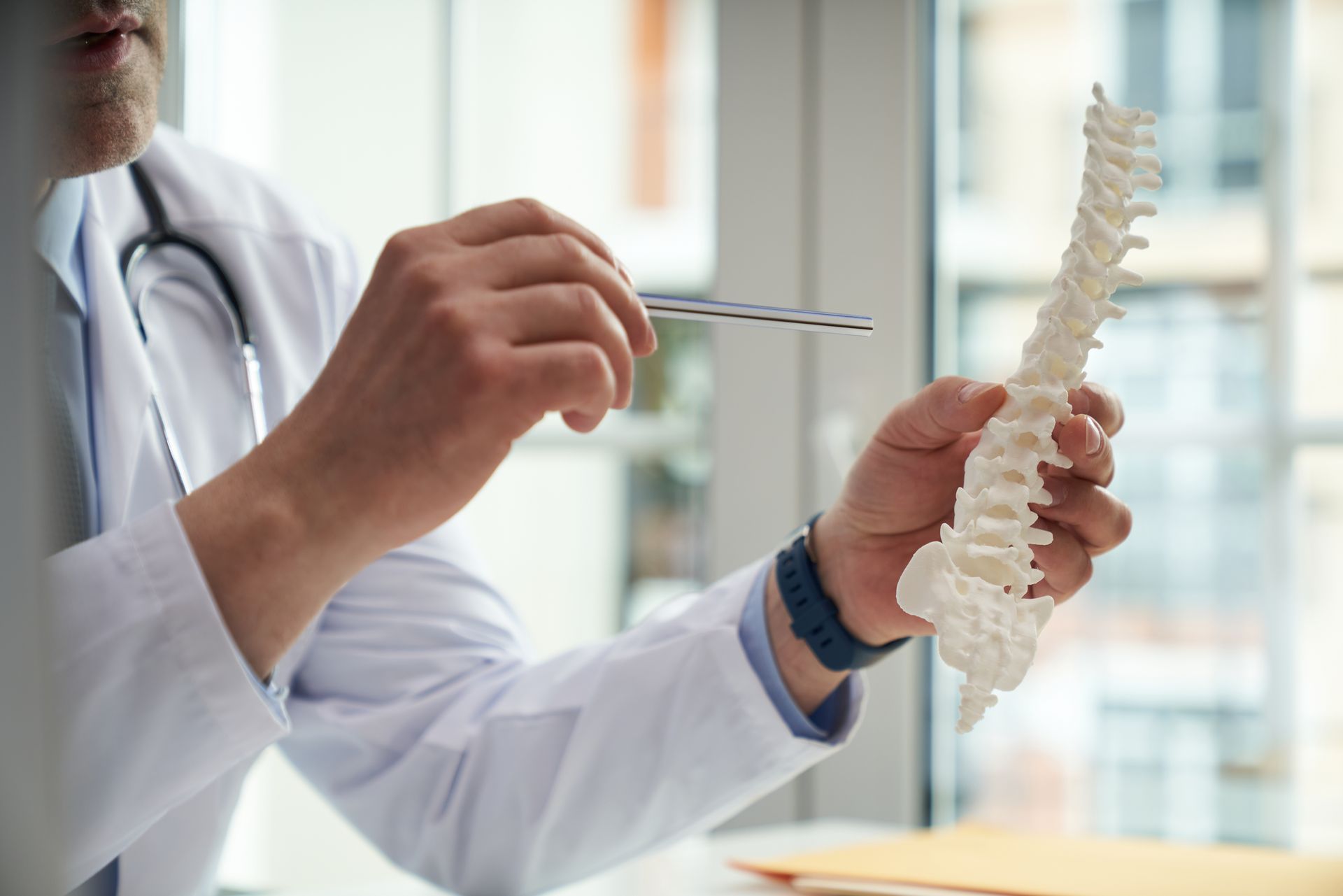 Healthcare worker holding a model of a human spine pointing to one of its segments with a metal stick.