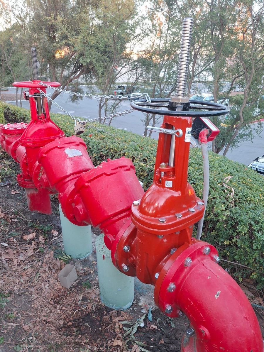 Red water valves in an outdoor setting. Pipes run along a hillside, with trees in the background.