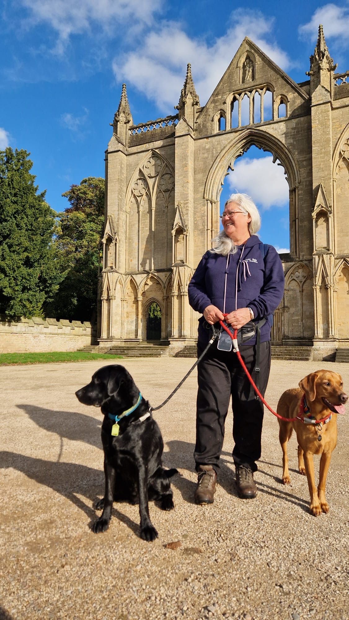 Woman with two dogs in front of abbey ruins. Dogs are black and golden. Sunny day.