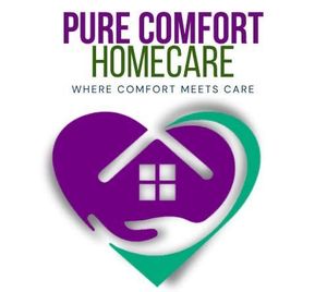 Logo for Pure Comfort Homecare. Heart shape with a house, and a hand. Text: Where comfort meets care.