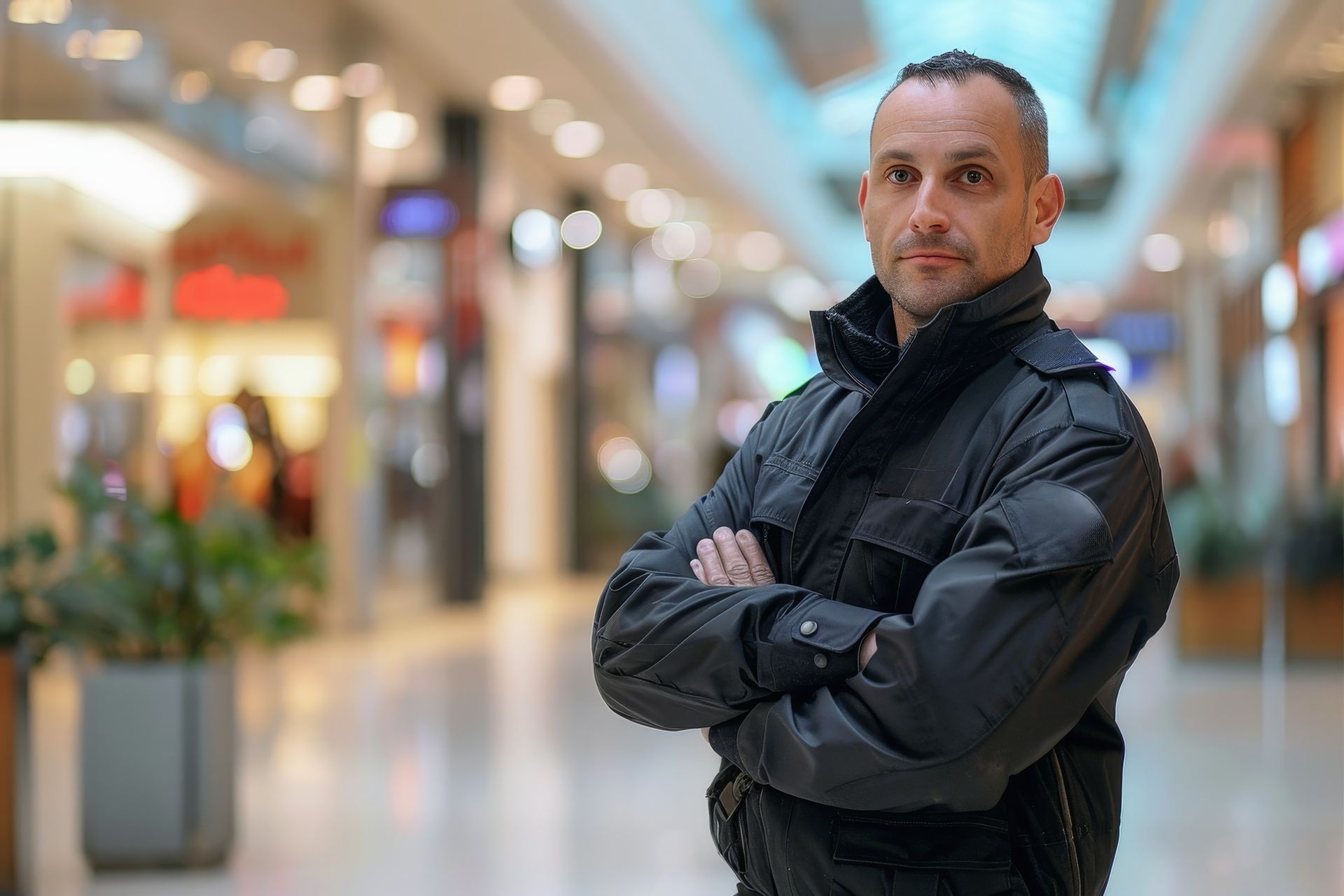 Un hombre con una chaqueta negra está de pie en un centro comercial con los brazos cruzados.