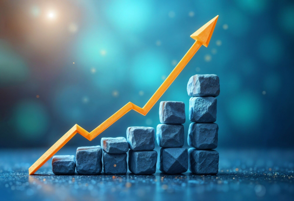 An orange upward-pointing arrow charts progress through a blue stacked-stone staircase.