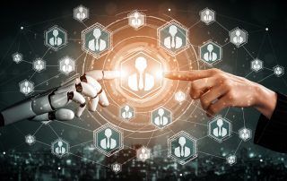 Robot hand and human hand touching central network icon, surrounded by connected user profile icons.