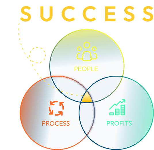Diagram illustrating success as the intersection of people, process, and profits; with corresponding icons in overlapping circles.