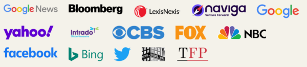 Logos of news and social media outlets: Google News, Bloomberg, Yahoo, Facebook, etc.