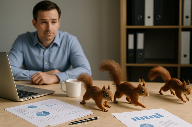 Man at desk with a laptop and papers, looking distressed, with three squirrels on the desk.