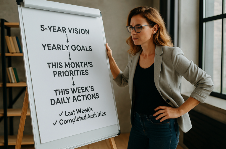 Woman standing by a whiteboard outlining a 5-year vision, yearly goals, monthly priorities, weekly actions, and last week's completed activities.