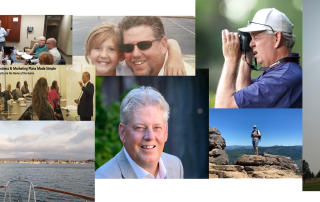 Collage: people at a meeting, hugging, taking photos, smiling, on a boat, in nature.