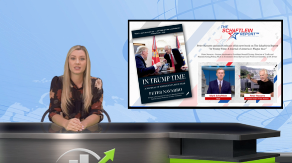 Blonde woman at a news desk with a screen showing