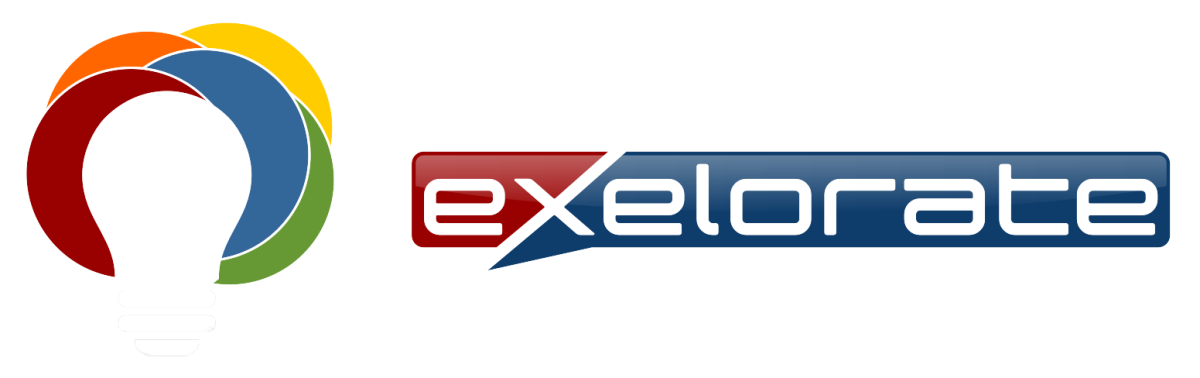 Logo of Exelorate: colorful lightbulb shape with company name next to it in red and blue.