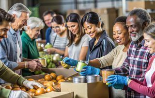 People packing food donations at a distribution center, including produce and canned goods.