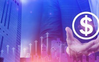 A person's hand holding a dollar sign, with an upward trend graphic and city background.