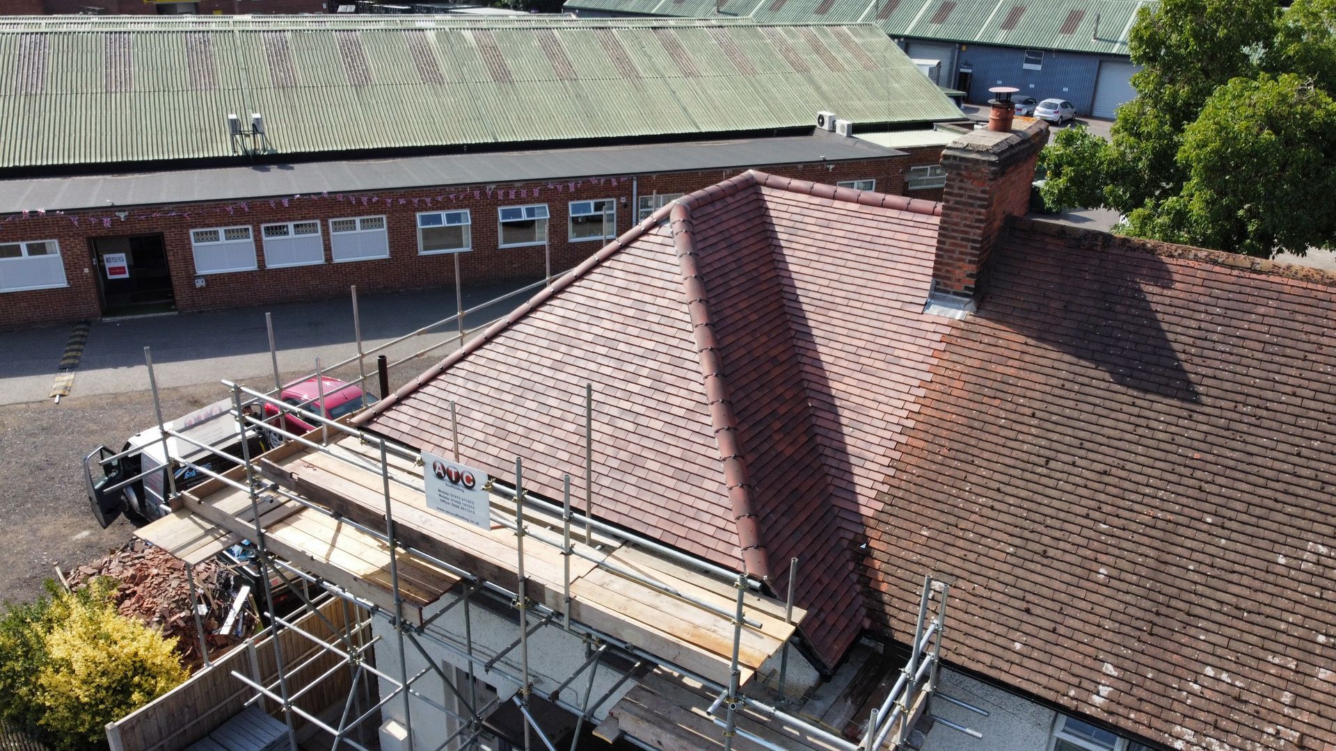 an aerial view of a roof with scaffolding on it .