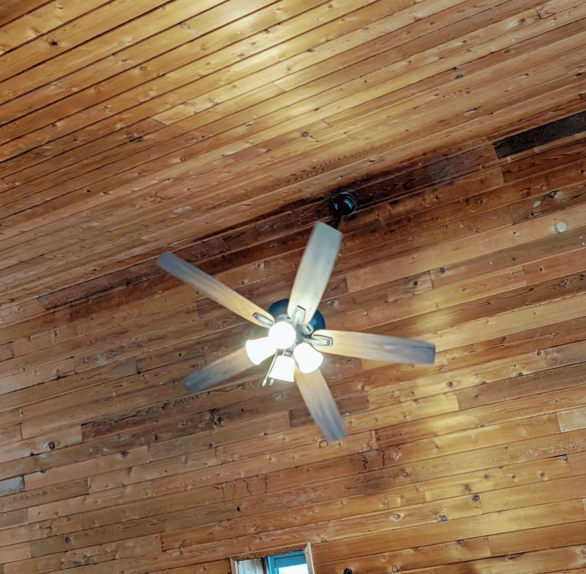 A ceiling fan is hanging from the ceiling of a wooden room.