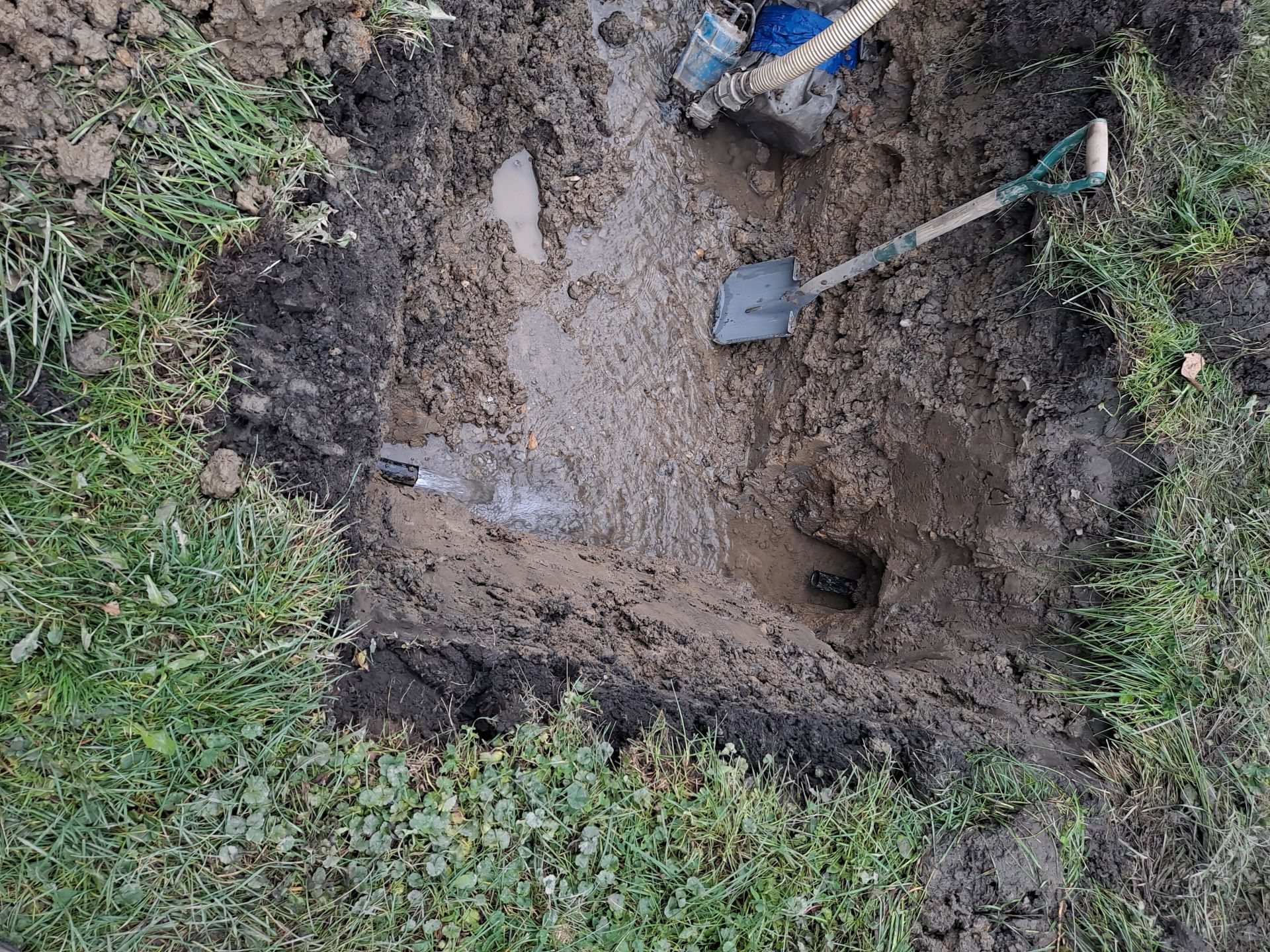 Hole in yard with exposed pipe leaking water, shovel, grass around.
