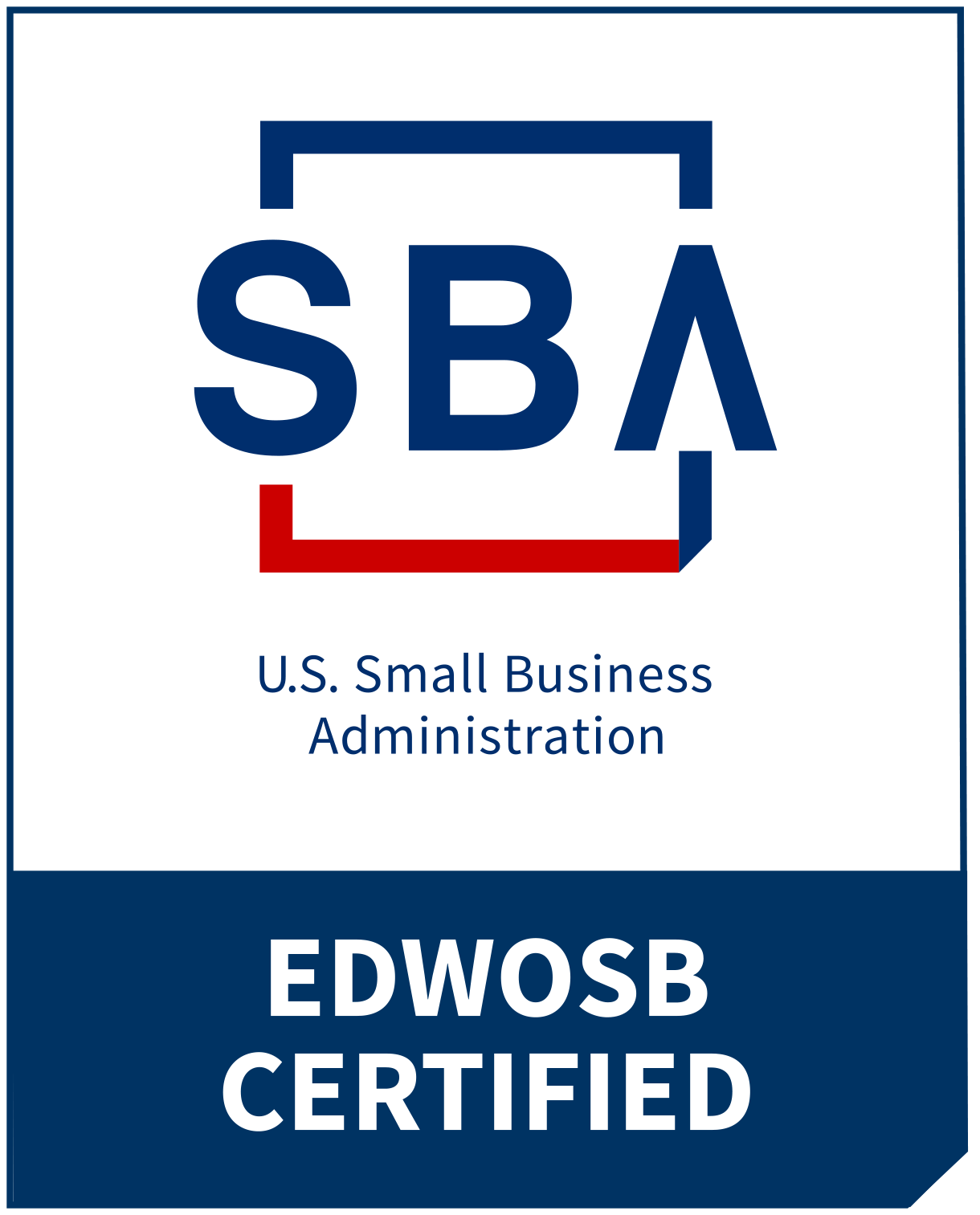 SBA EDWOSB Certified seal. Blue and red logo with “SBA” and “U.S. Small Business Administration.”