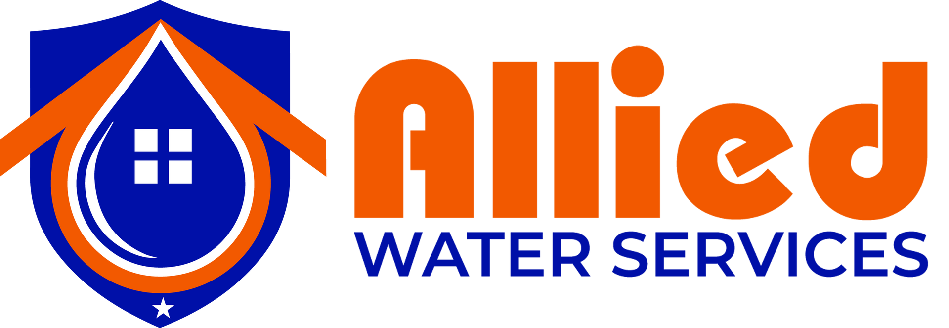 Logo for Allied Water Services, a blue shield with an orange house and a water drop inside, with orange text "Allied WATER SERVICES".