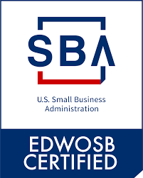SBA EDWOSB Certified seal. Blue and red logo with “SBA” and “U.S. Small Business Administration.”