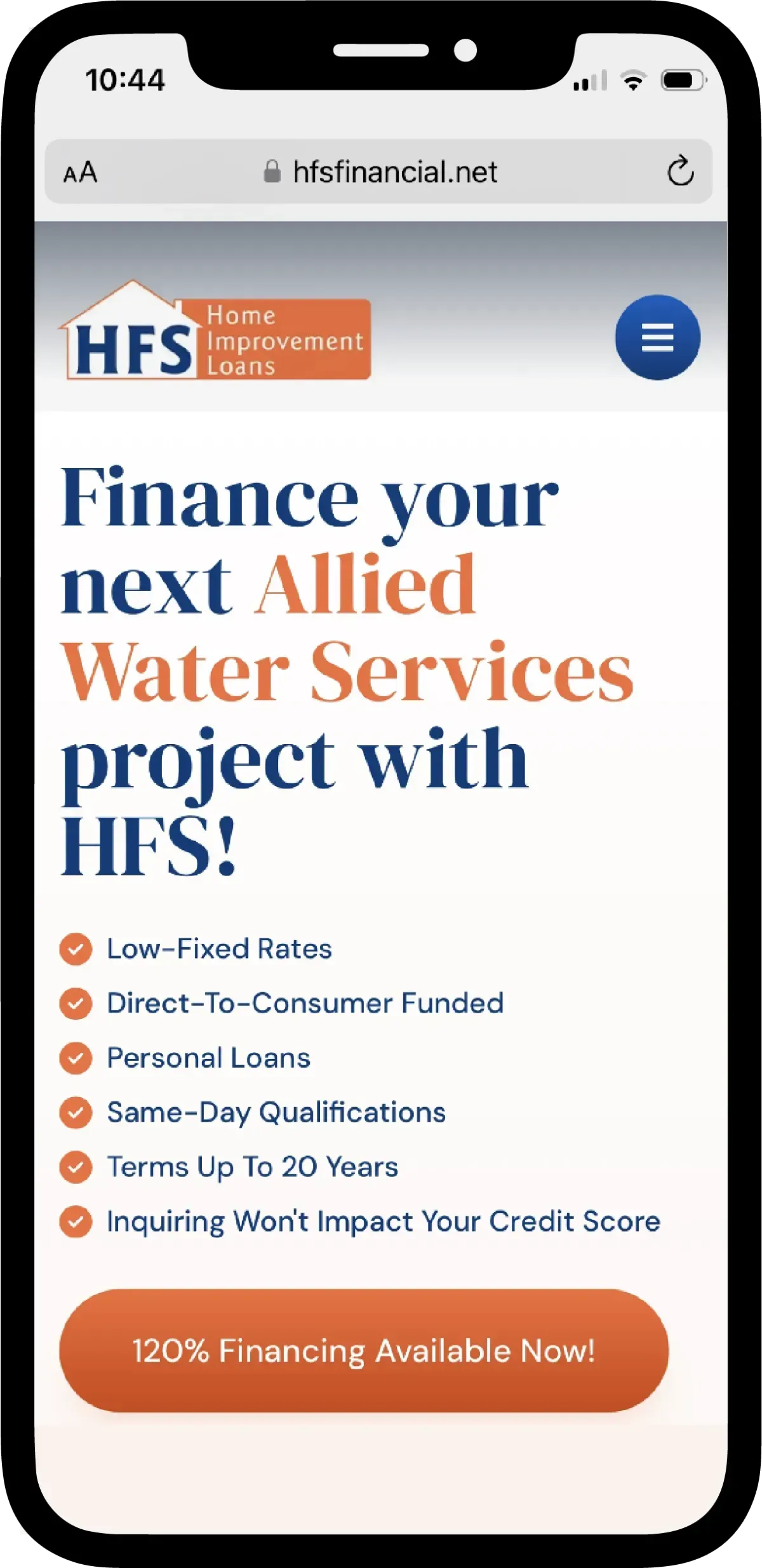 Mobile screen displaying HFS finance options for Allied Water Services projects.