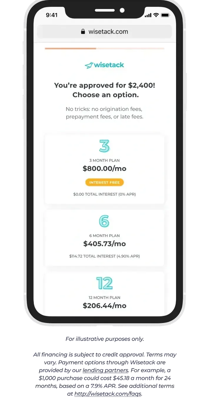 Smartphone showing loan options: $2,699 approved, with 3, 6, and 12-month repayment terms.