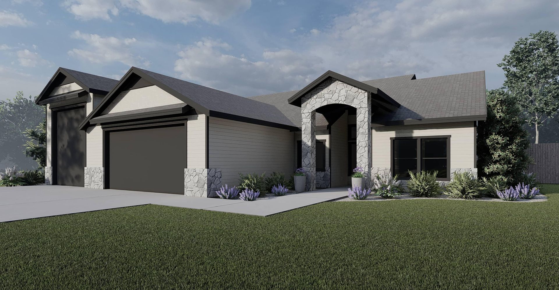 A rendering of a house with a large garage and a large lawn in front of it.