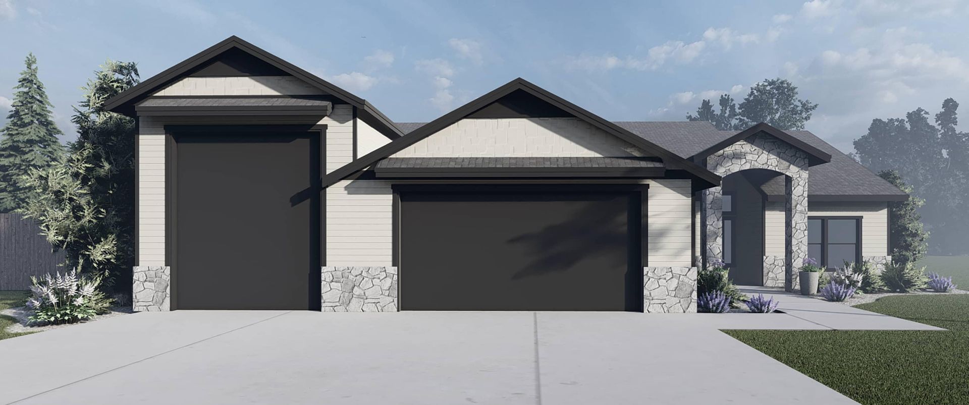 A computer generated image of a house with two garages.