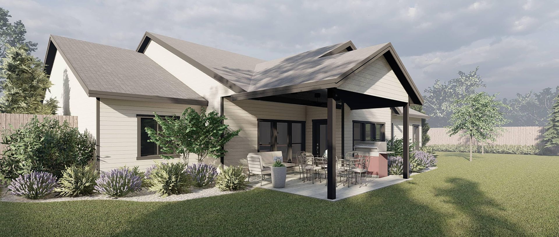 A house with a porch and a patio in the backyard.