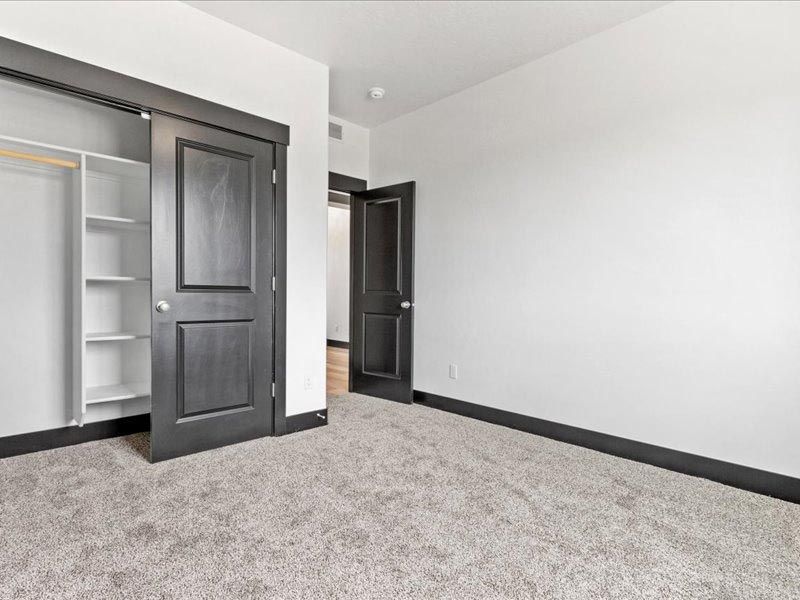 An empty bedroom with a closet and a carpeted floor.
