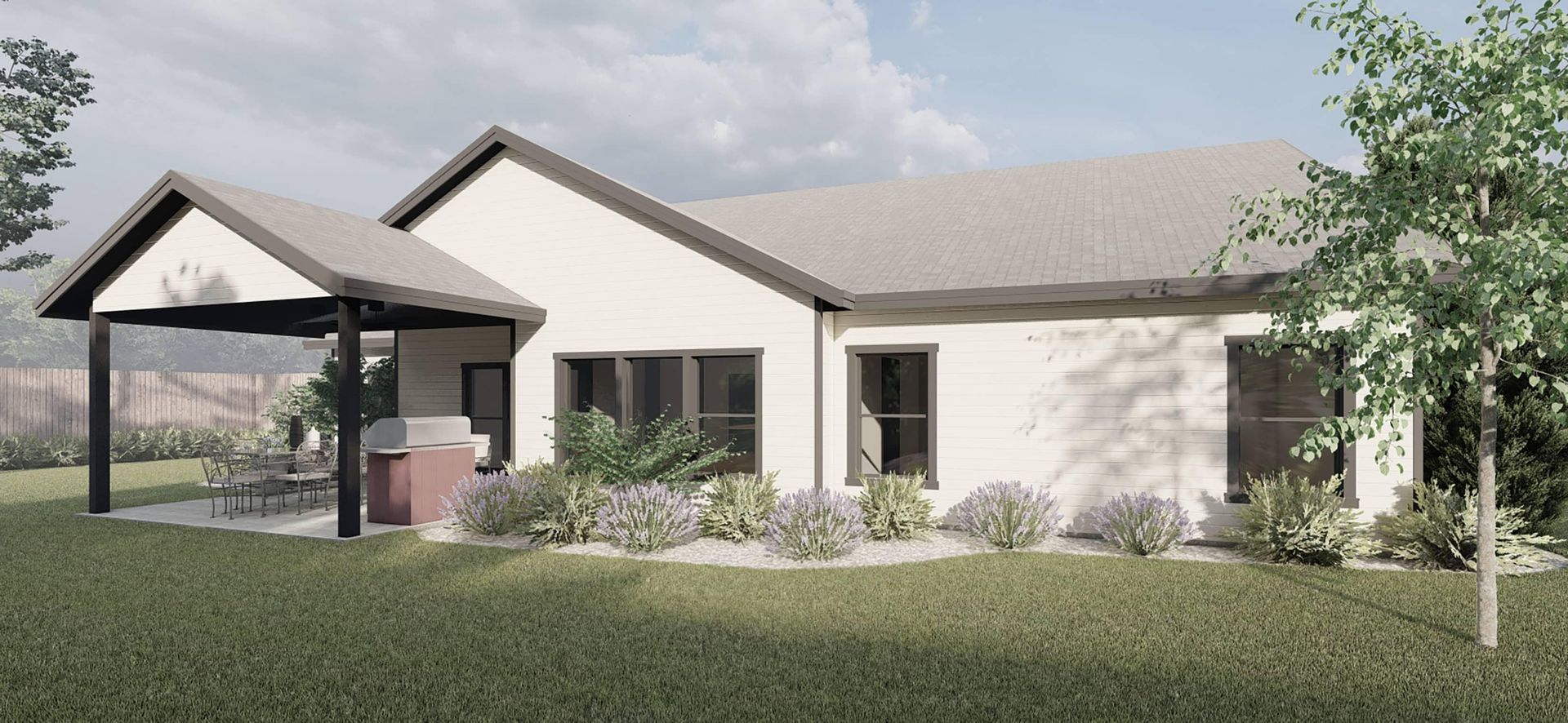 An artist 's impression of a house with a porch and a covered patio.