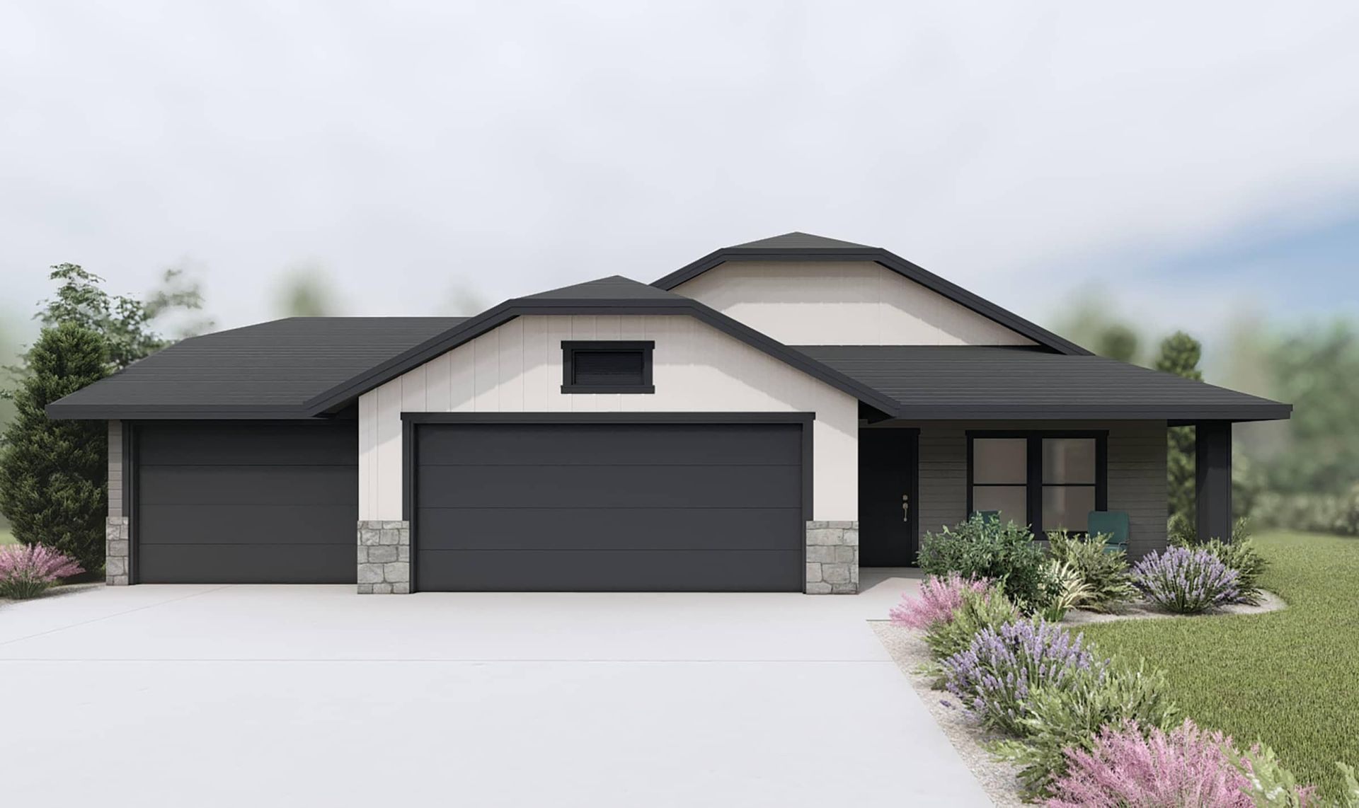 An artist 's impression of a house with a black garage door.