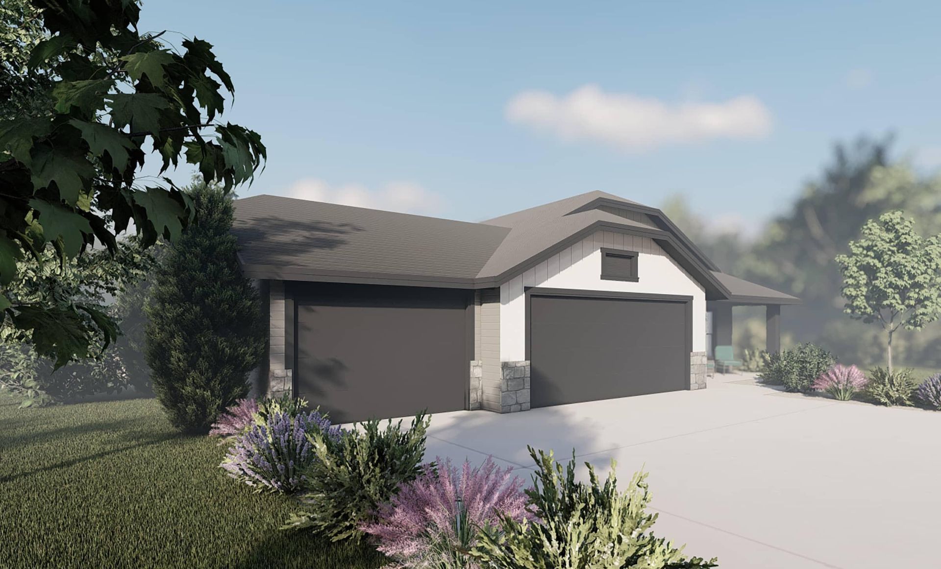 An artist 's impression of a house with two garage doors.