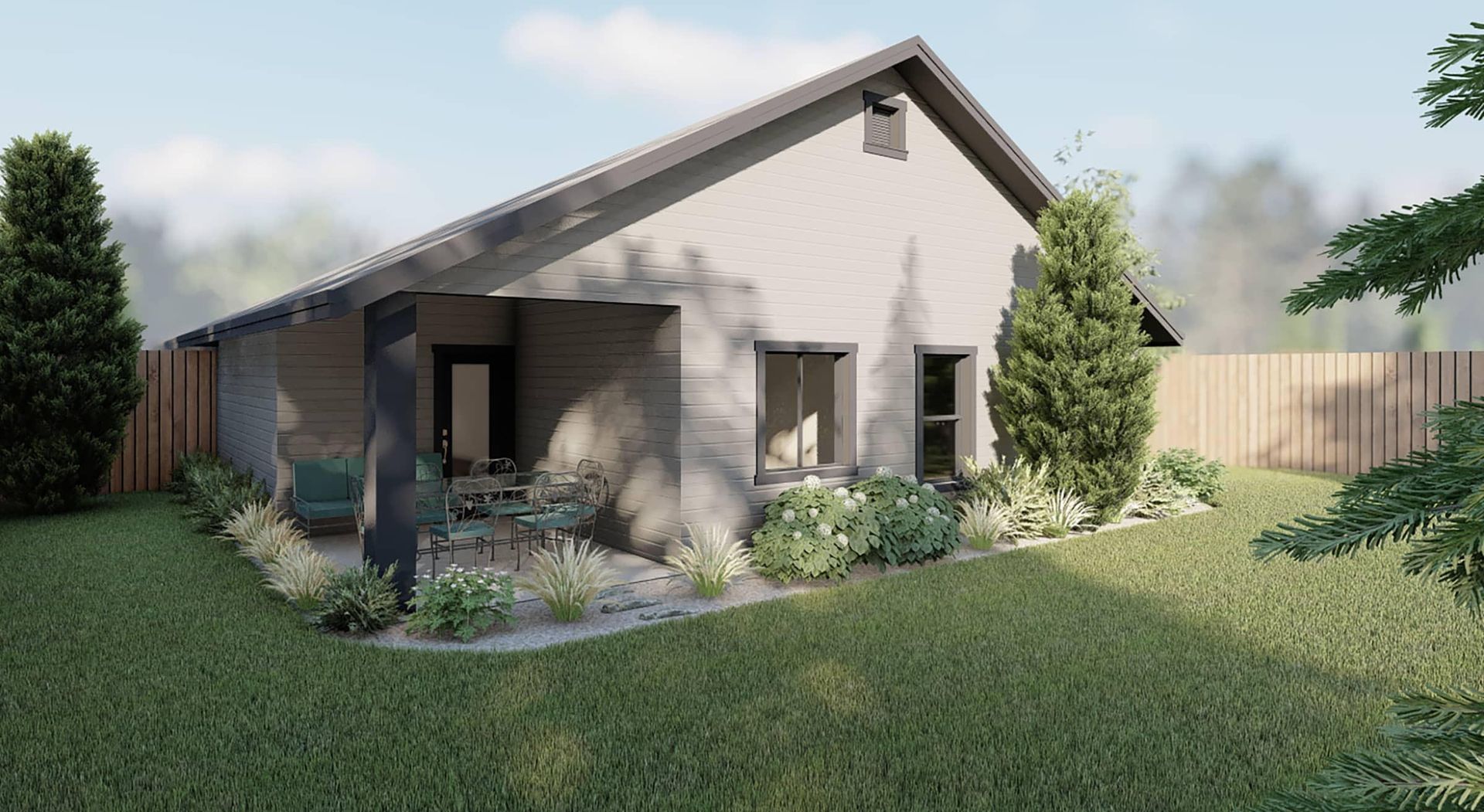 A small house with a porch and a fence in the backyard.