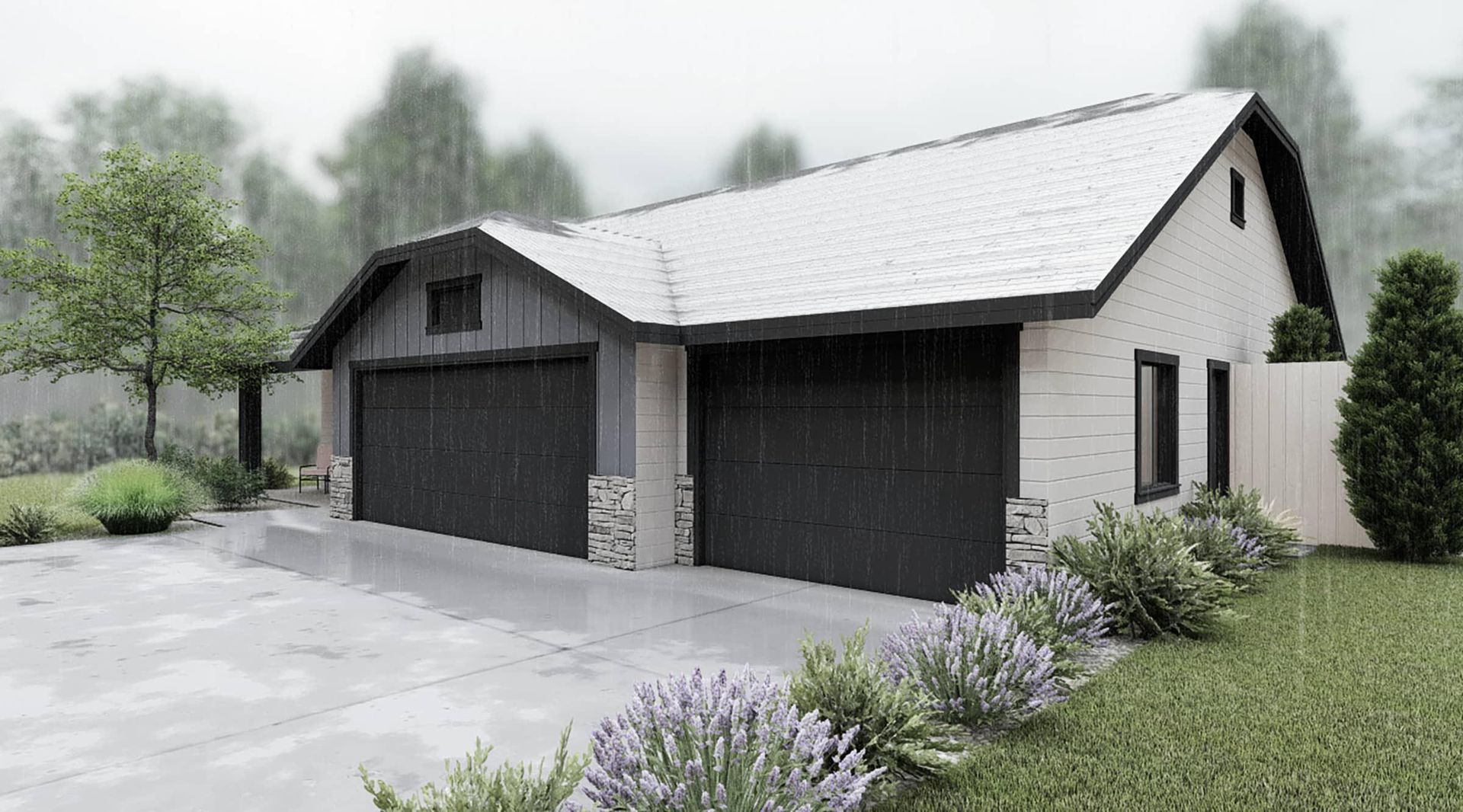 A house with a garage and a driveway in the rain.