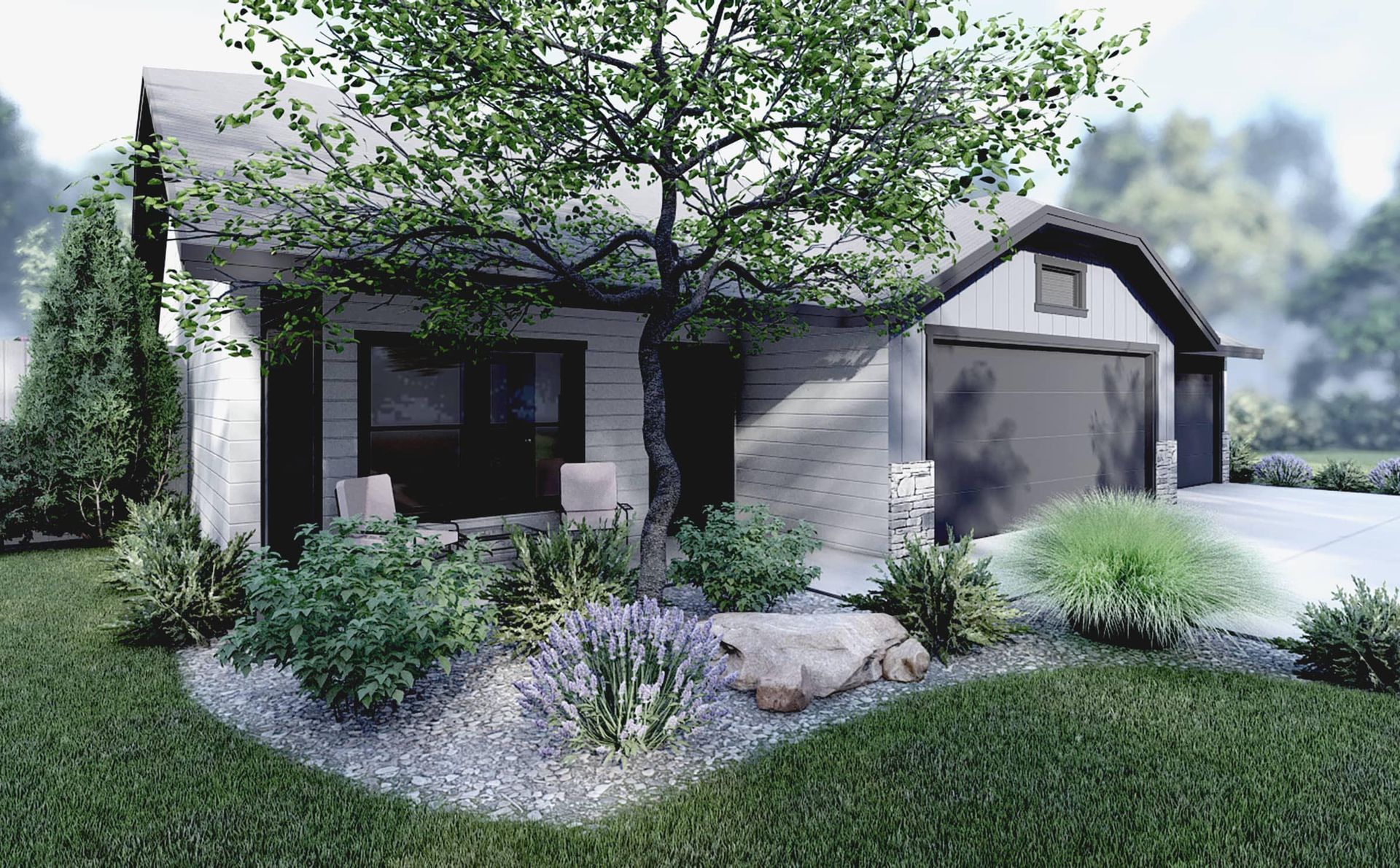 A house with a garage and a tree in front of it.
