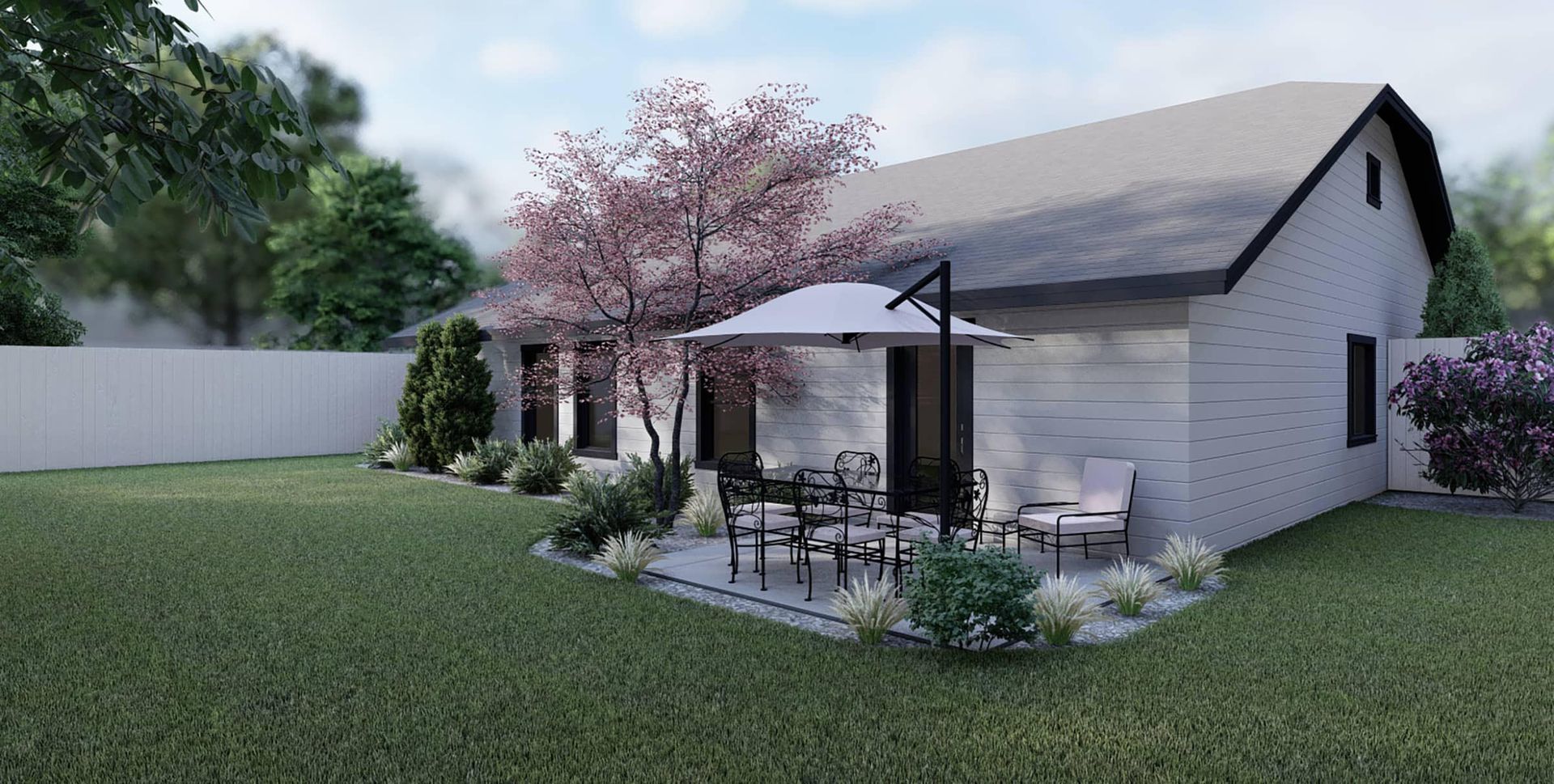 An artist 's impression of a house with a patio and umbrella in the backyard.