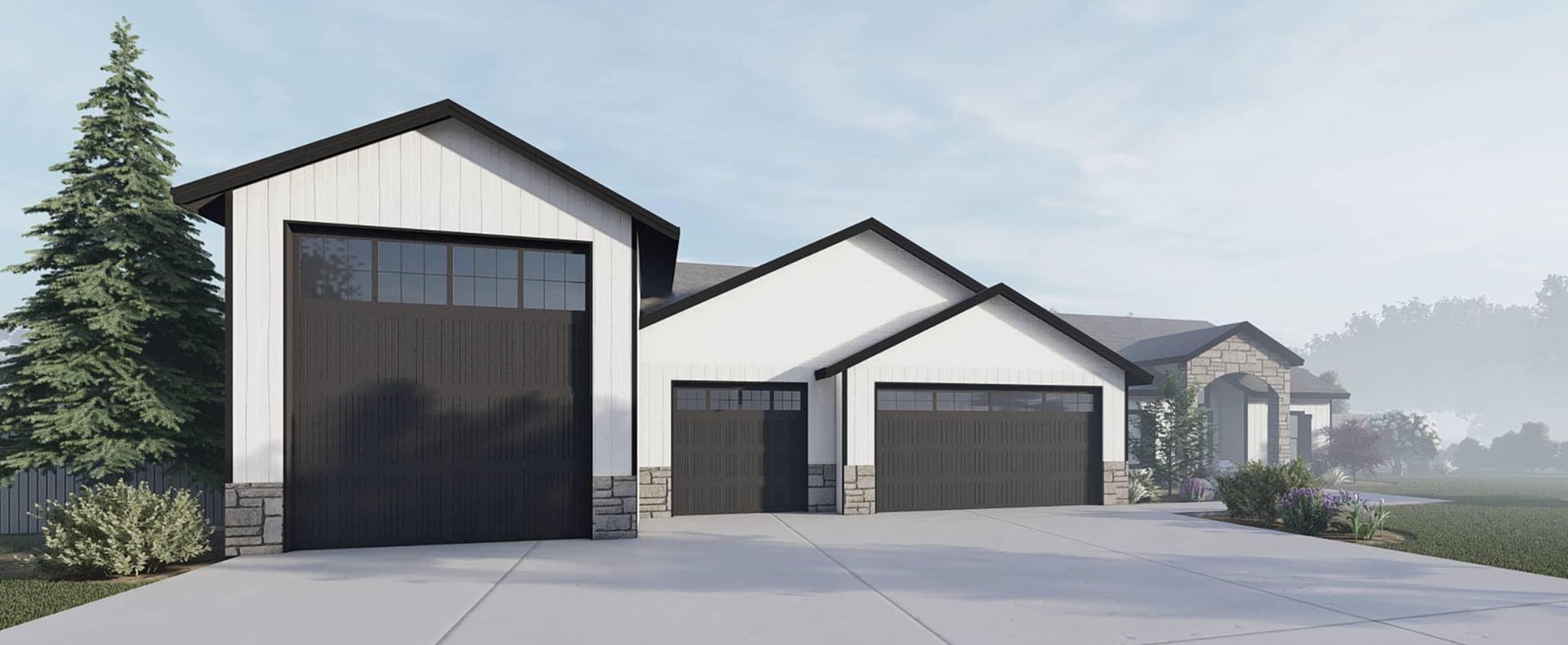 An artist 's impression of a house with three garage doors.