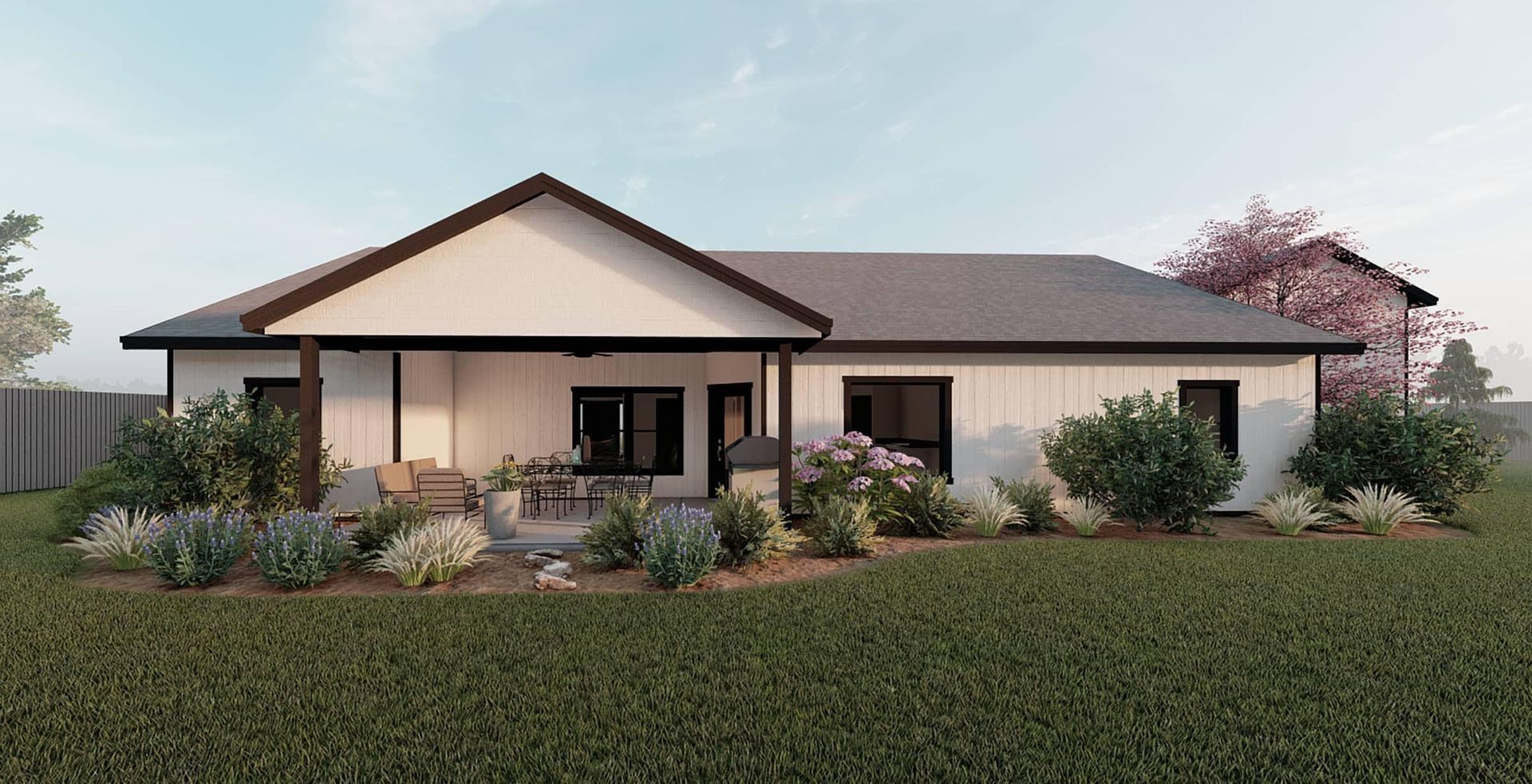 An artist 's impression of a house with a porch and a fence in the background.