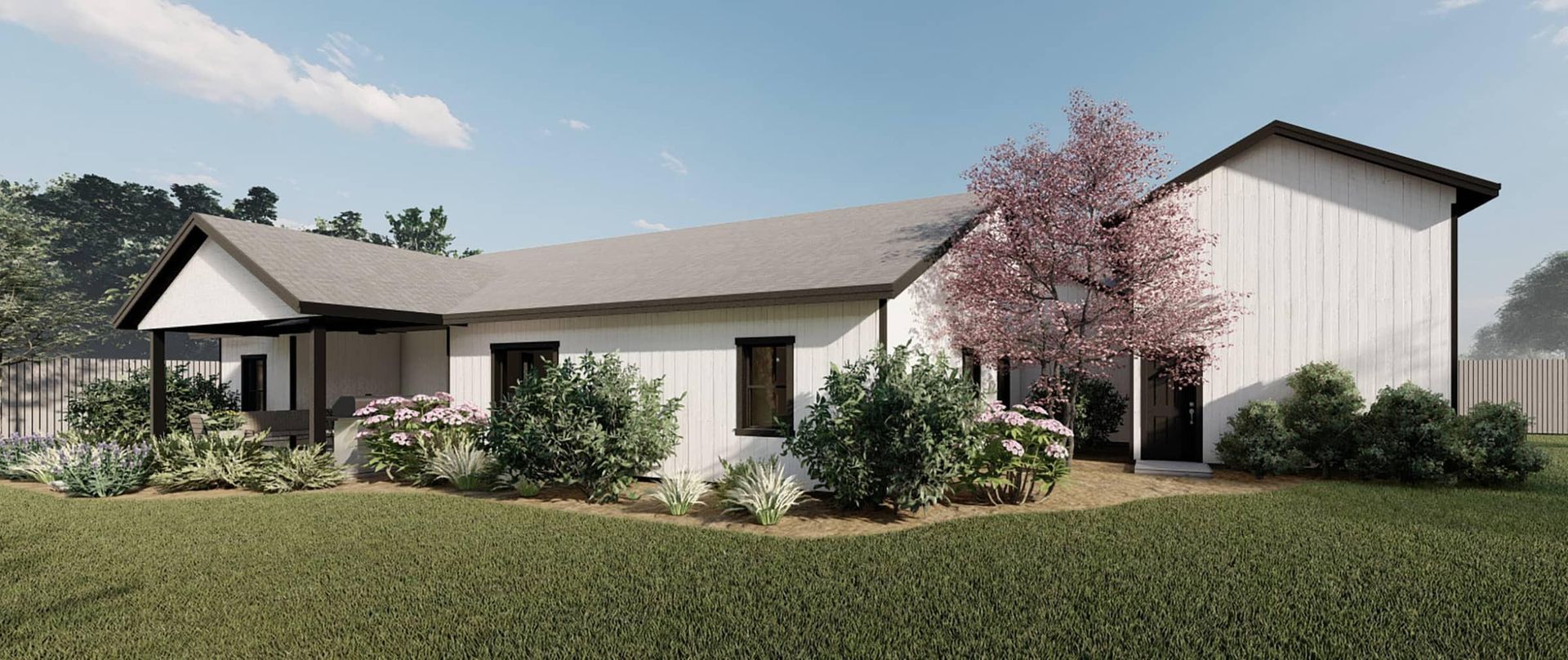 An artist 's impression of a house with a large lawn in front of it.