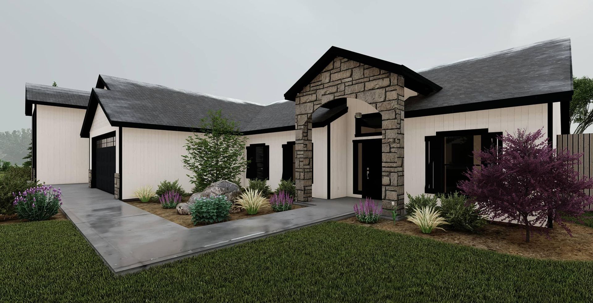 A large white house with a black roof is sitting on top of a lush green lawn.